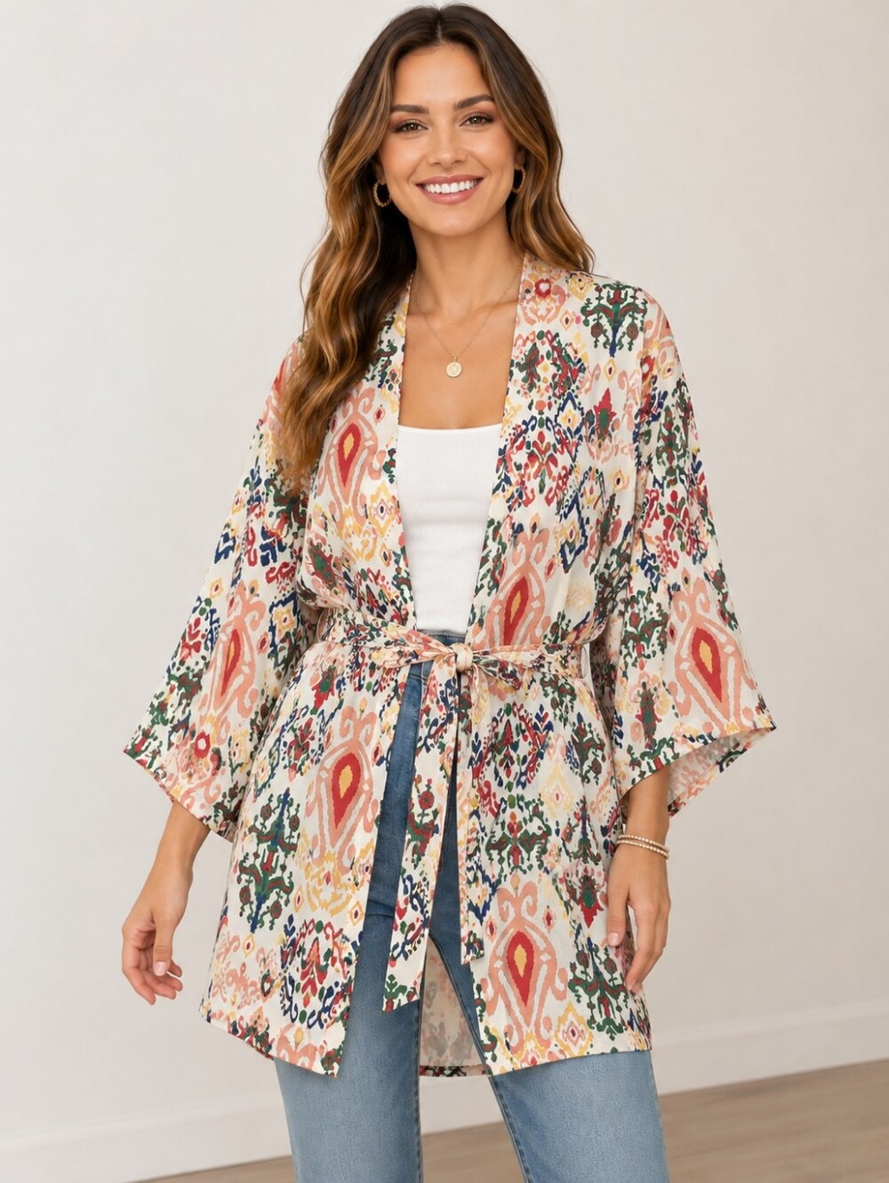 Entro Multicolor Ikat Print Belted Wrap Cardigan S/M NWT A-277